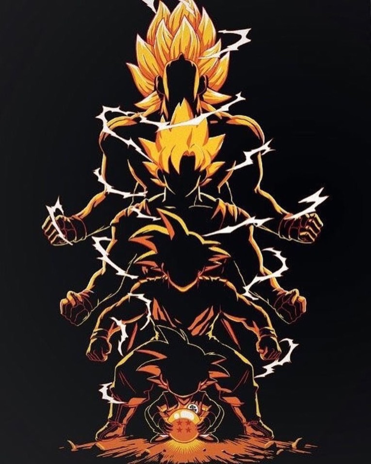 Gold and black anime artwork showing four vertically stacked stages of transformation.