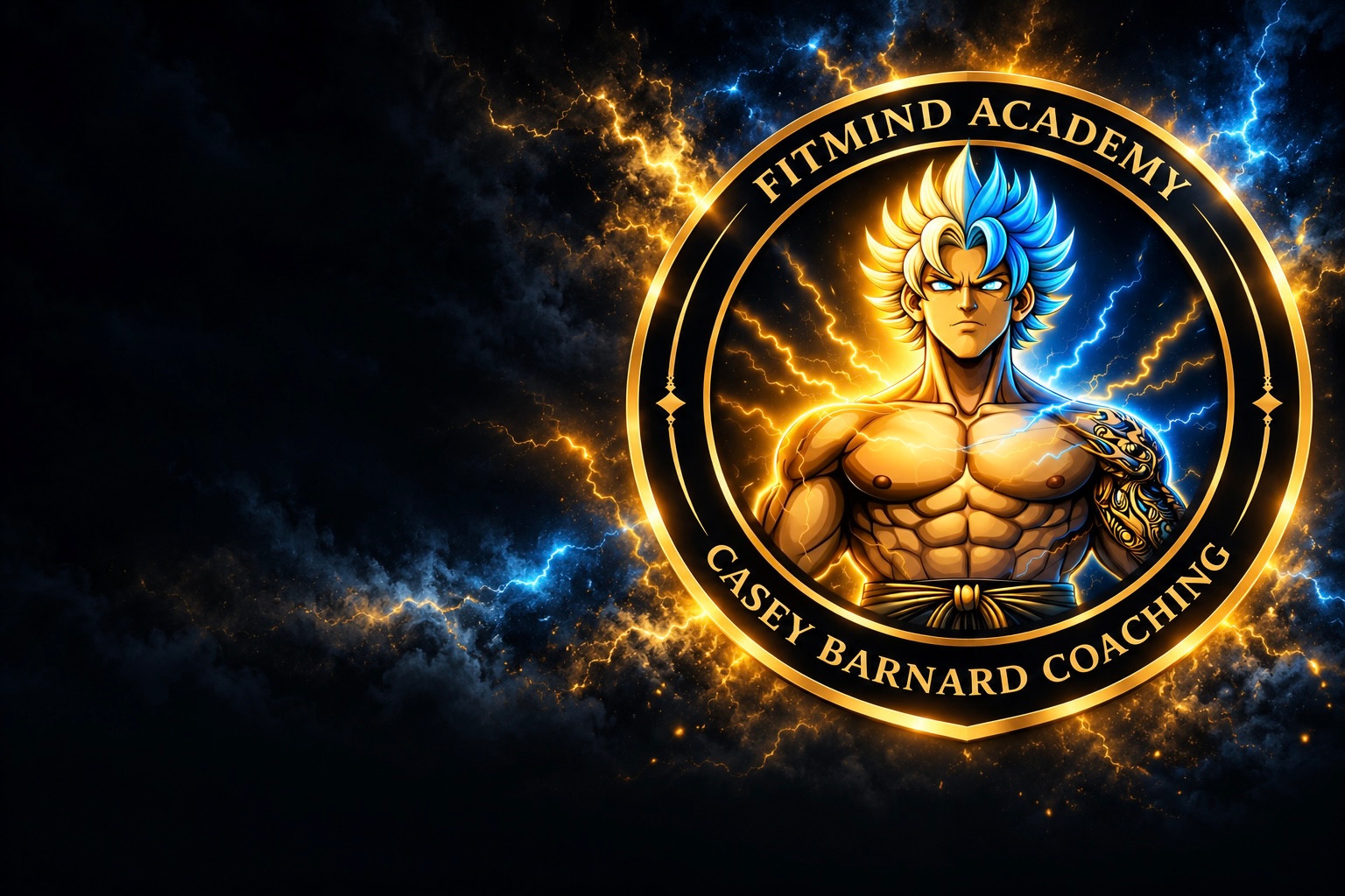 FitMind Academy emblem surrounded by blue and gold lightning and storm clouds.